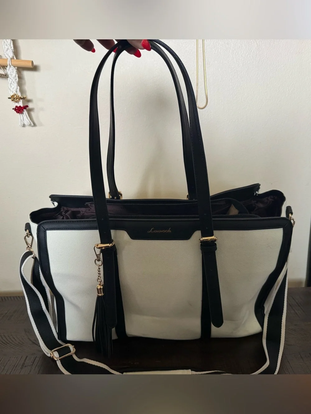 LOVEVOOK Canvas Laptop Tote Teacher Work Bag Black Cream-White